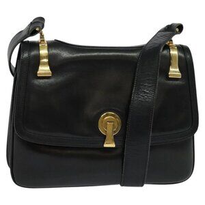 GUCCI Shoulder Bag Leather Black Gold Auth